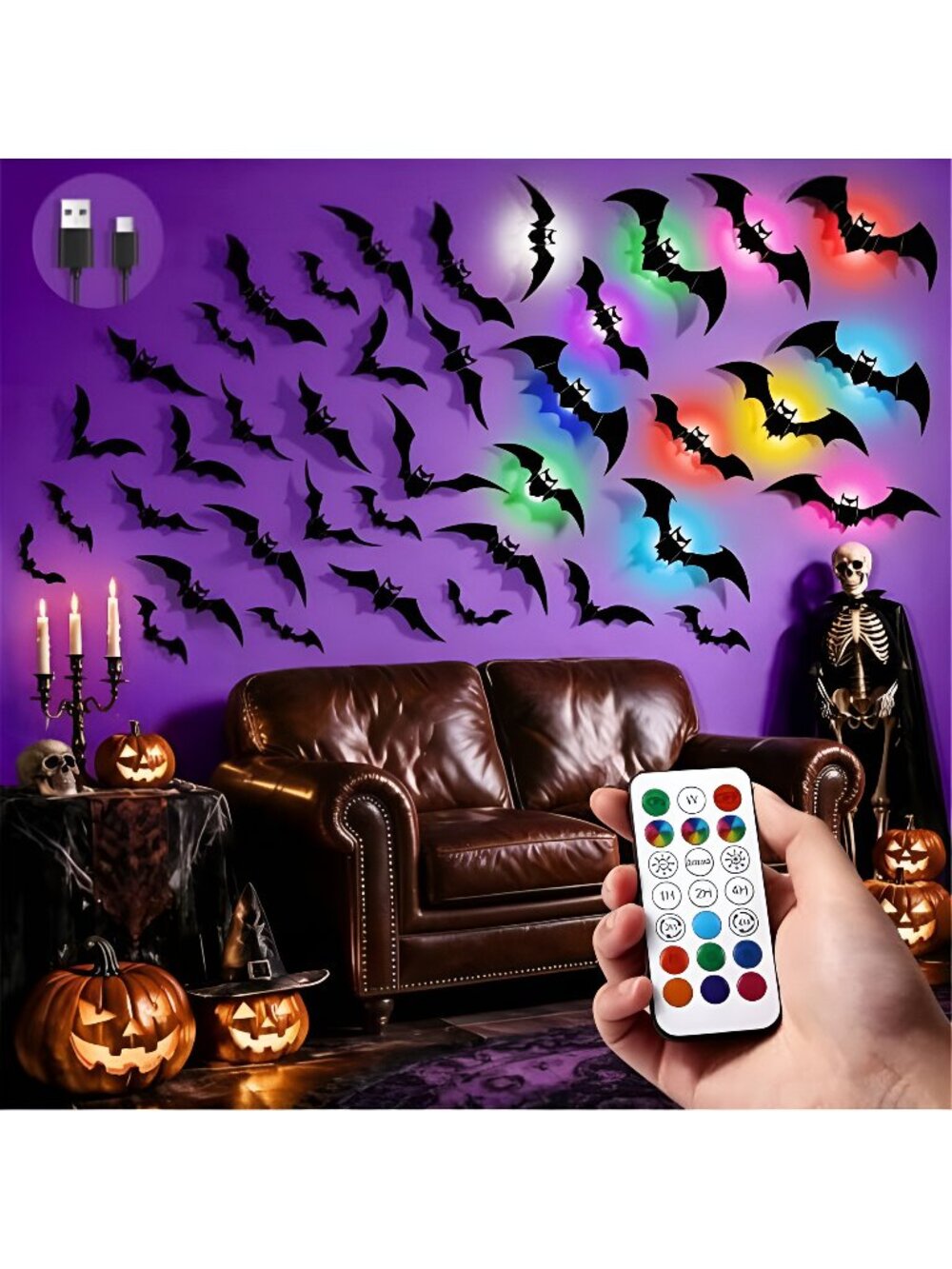 48P Bats Halloween Decorations + 12P Rechargeable Lights with Remote